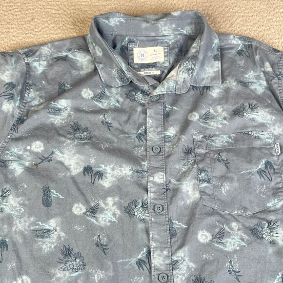 Hurley Shirt Men XL Blue Skull Floral Bird Palm Tree Button Pocket Surf Skate - Picture 5 of 14